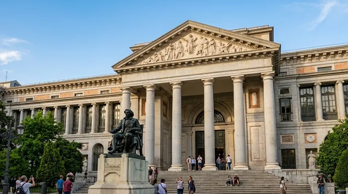 Illustration of a neoclassical museum façade with columns in Madrid