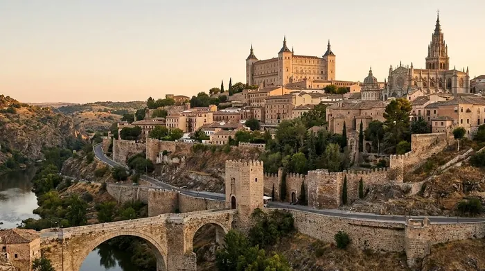 Illustration of the walled hill city of Toledo above the river