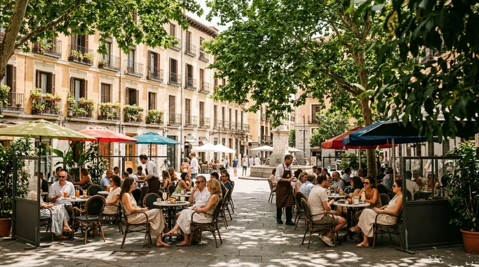 Illustration of a shaded café terrace in a Madrid square