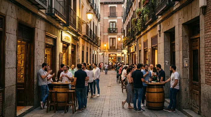 Illustration of people outside tapas bars late at night in Madrid