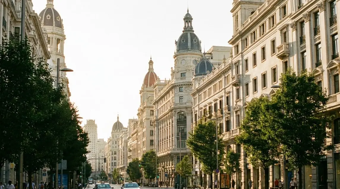 Illustration of a grand boulevard with domed buildings in Madrid