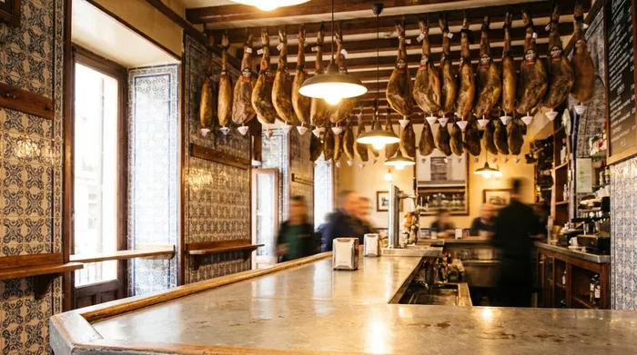Illustration of a traditional tiled tavern bar in Madrid