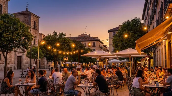 Illustration of a café terrace in a Madrid square at dusk