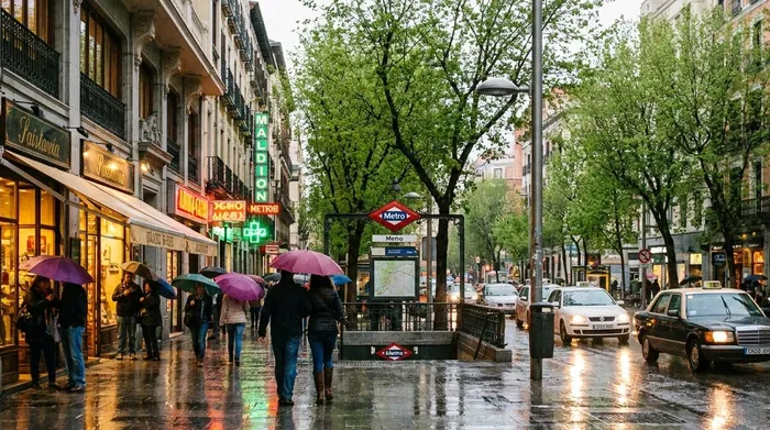 Illustration of a Madrid street in spring rain
