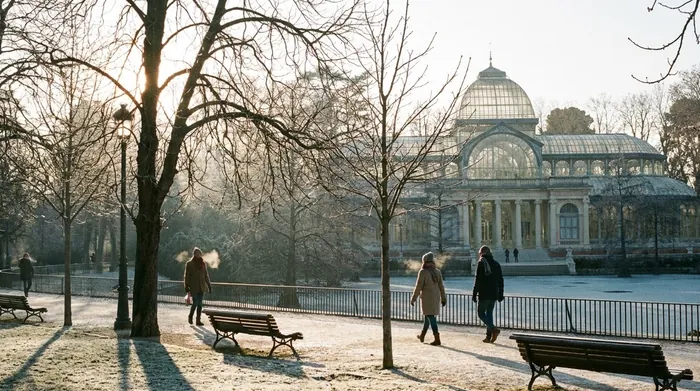 Illustration of a frosty winter morning in a Madrid park
