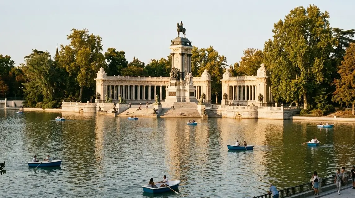 Illustration of rowing boats on a park lake in Madrid in late-summer light