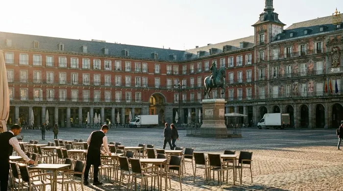 Illustration of an arcaded square in Madrid in the early morning