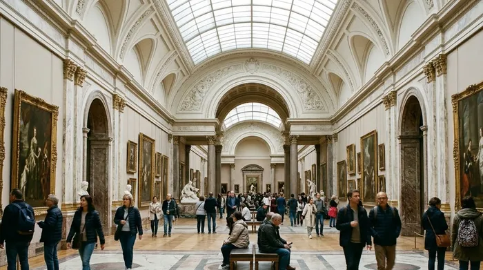 Illustration of a grand museum hall with paintings