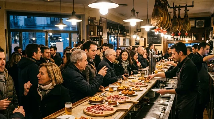 Illustration of a busy tapas bar counter in Madrid in the evening