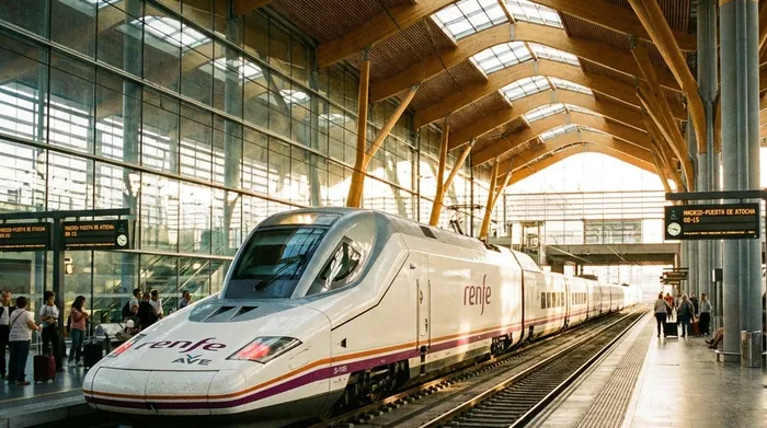 Illustration of a high-speed train at a Spanish station platform