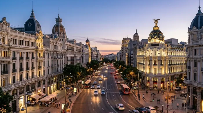 Illustration of an ornate Madrid boulevard at dusk