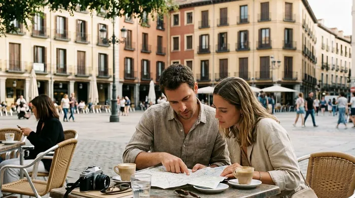 Illustration of a couple planning with a map at a café in Madrid