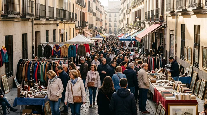 Illustration of a crowded Sunday street market on a sloping Madrid street