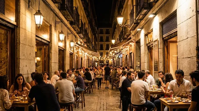 Illustration of a street of tapas bars in Madrid at night