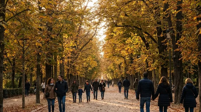 Illustration of a park path under autumn trees in Madrid
