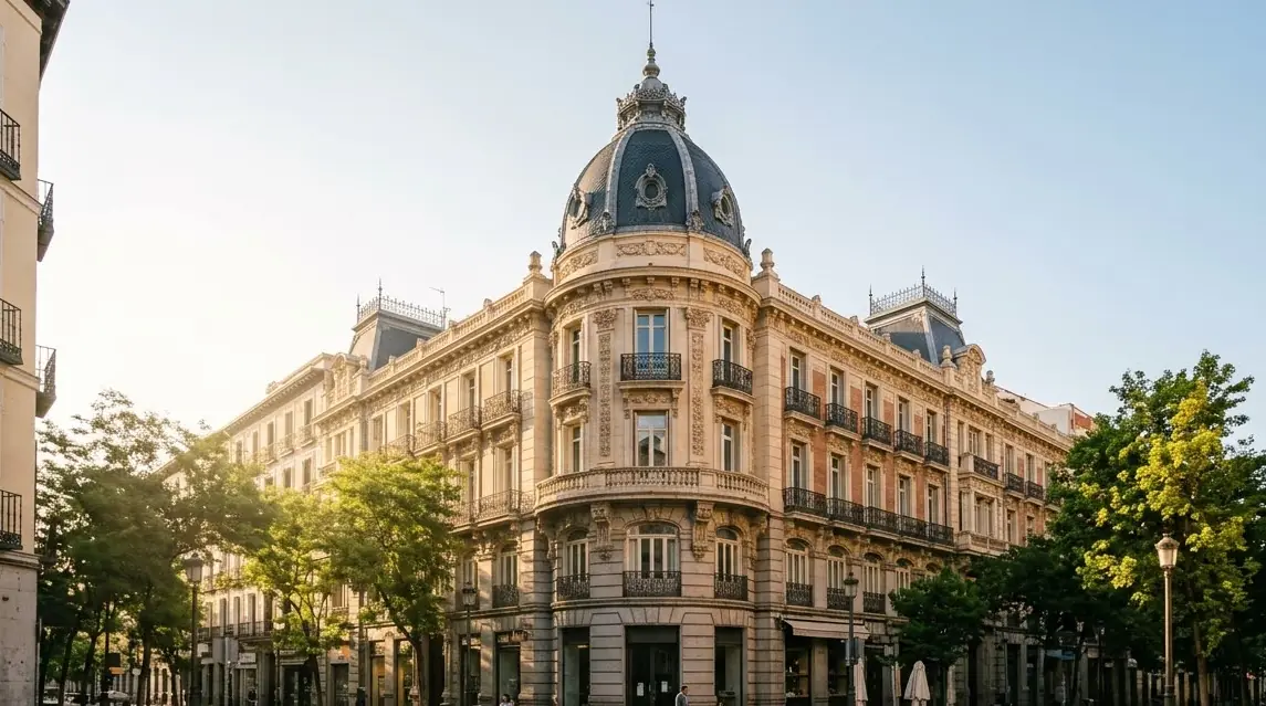 Illustration of ornate Madrid facades and a dome in morning light