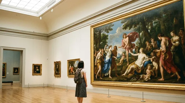 Illustration of a visitor looking at a large painting in a museum