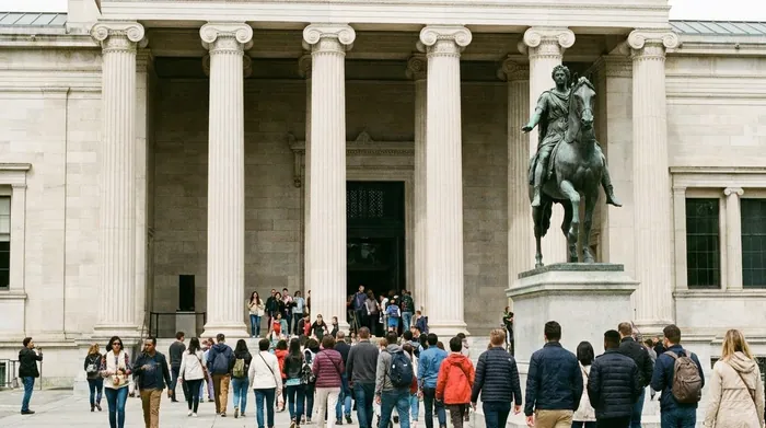 Illustration of visitors entering a neoclassical museum in Madrid