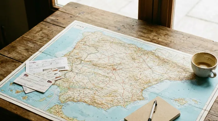 Illustration of a map of Spain with train tickets on a table