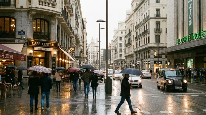 Illustration of a Madrid street in winter rain