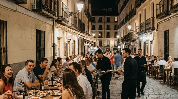 Illustration of a busy restaurant terrace late at night in Madrid