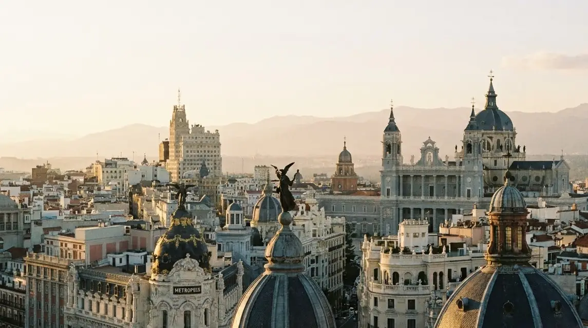 Illustration of Madrid's skyline of domes and statues at golden hour