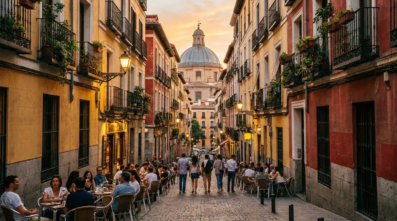 Terraces on a sloping street in La Latina, Madrid, in early evening light