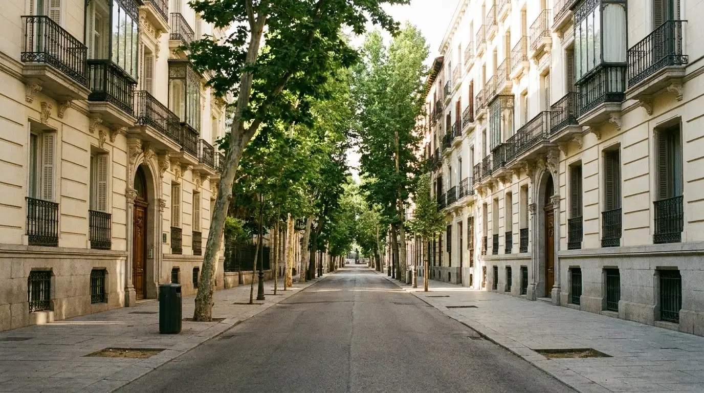 Elegant apartment buildings on a tree-lined street in Madrid's Salamanca district