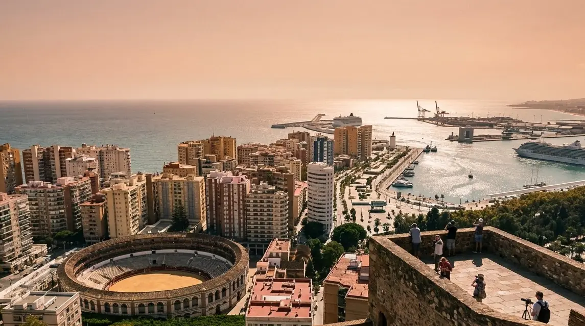 Illustration of Málaga's bullring, port and sea from a hilltop castle