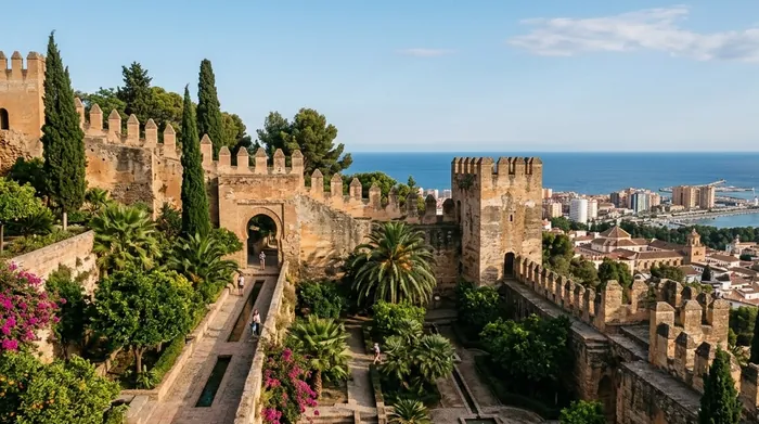 Illustration of a Moorish fortress's walls and gardens in Málaga