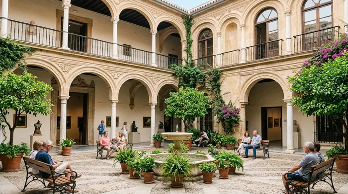 Illustration of a palace courtyard museum in Málaga's old town