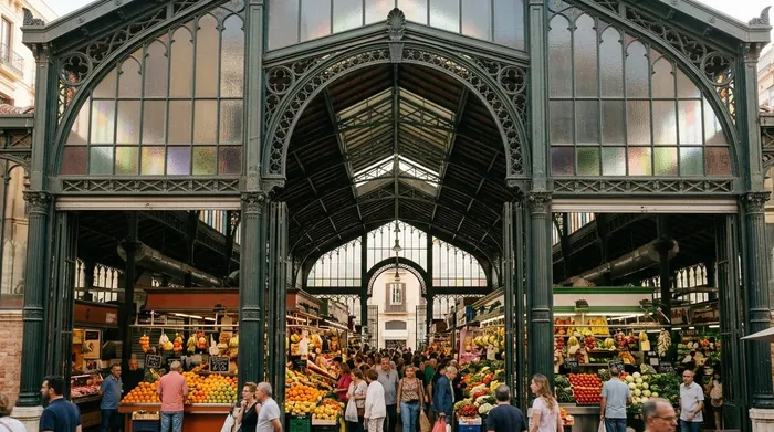 Illustration of the entrance of a busy food market in Málaga