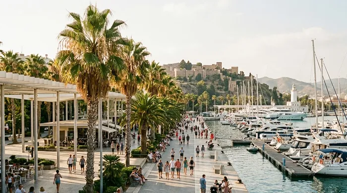 Illustration of a palm-lined port promenade in Málaga