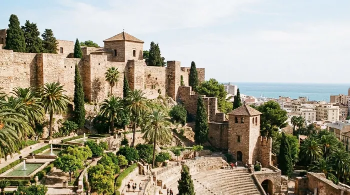 Illustration of a Moorish fortress above a Roman theatre in Málaga