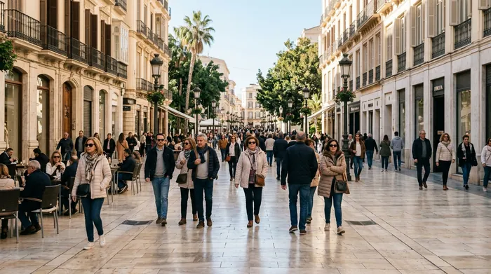 Illustration of a sunny pedestrian shopping street in Málaga