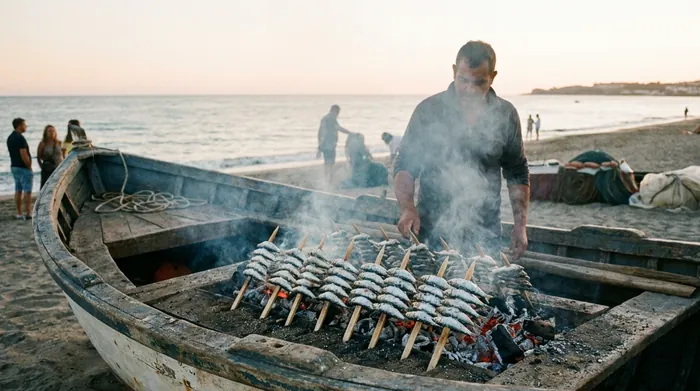 Illustration of sardines grilling on skewers in a boat on the beach