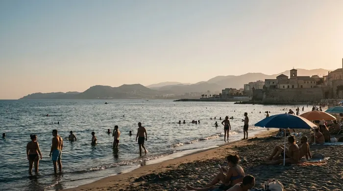 Illustration of people swimming at a Málaga beach on a warm evening