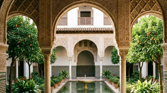 Illustration of an ornate Moorish palace courtyard in Granada