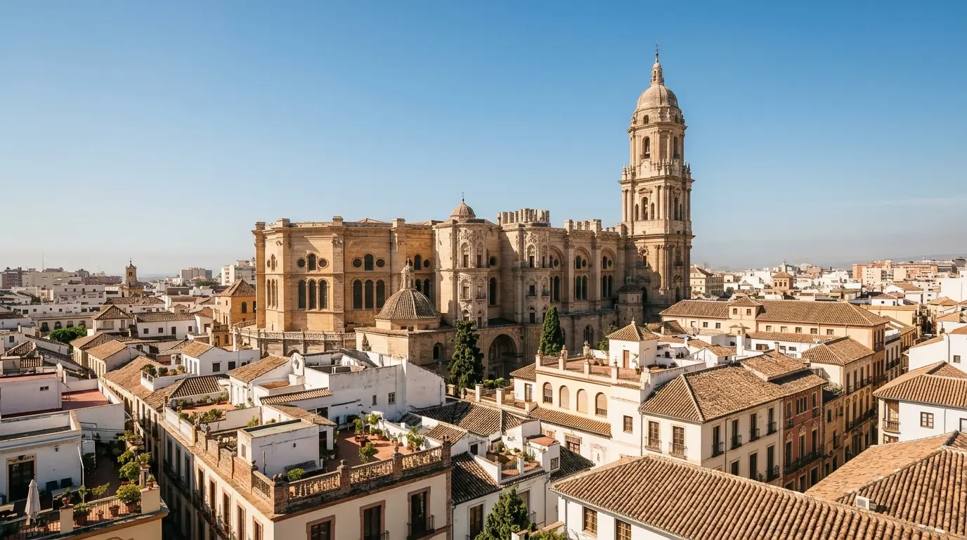 Illustration of Málaga's cathedral and its single tower above the old town