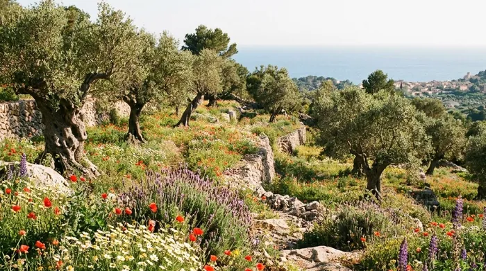 Illustration of wildflowers and olive trees on a Mallorca hillside in spring