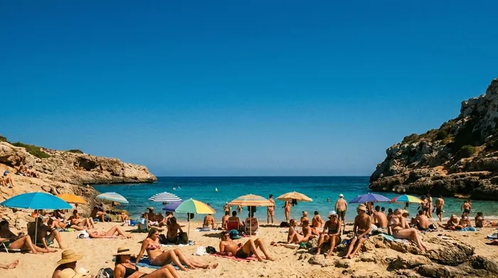 Illustration of sunbathers on a Mallorca beach under a clear July sky