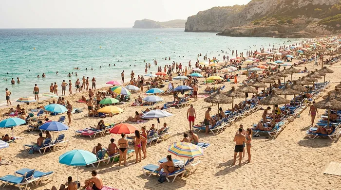 Illustration of a crowded beach with sunbeds on Mallorca in summer