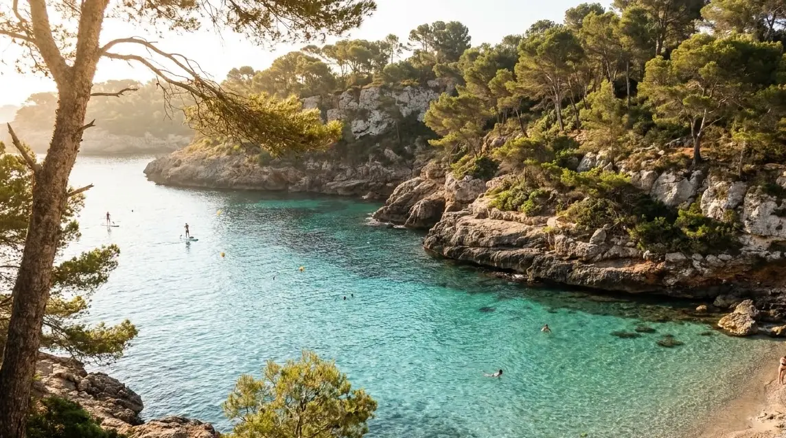 Illustration of a turquoise cove on Mallorca on a June morning