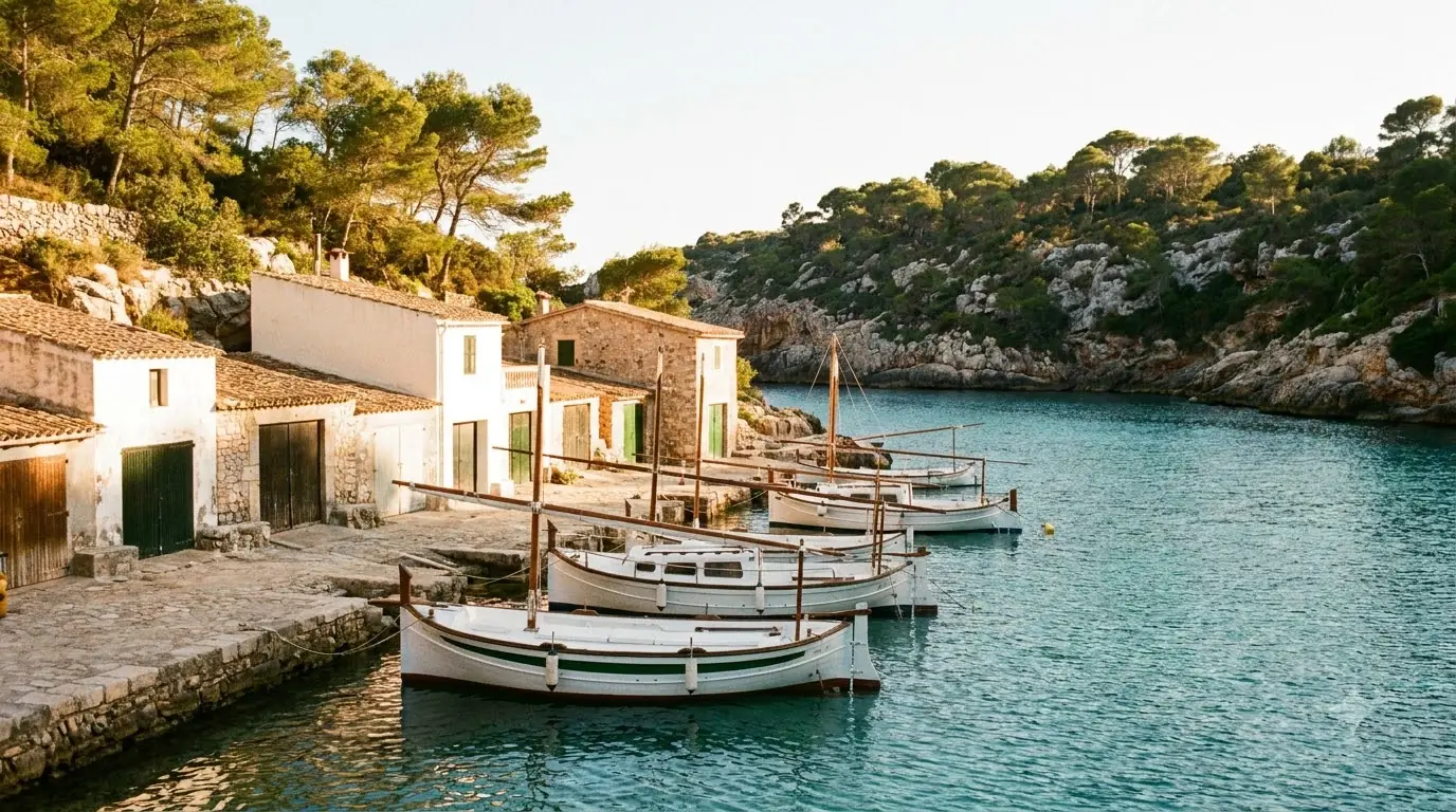 Illustration of a Mallorca fishing harbour at golden hour