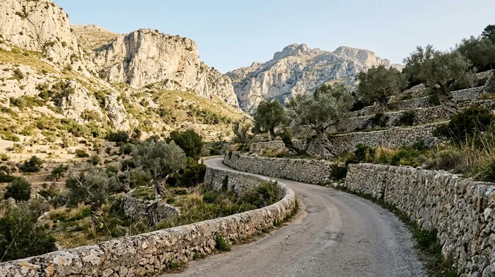 Illustration of a narrow road through dry-stone terraces in the Serra de Tramuntana, Mallorca