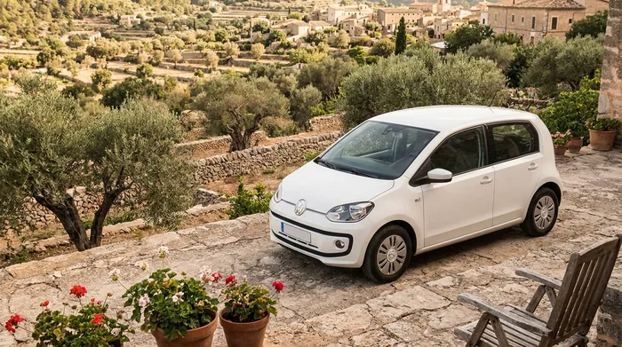 Illustration of a small car parked above an olive valley on Mallorca