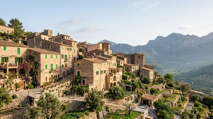 Illustration of a stone mountain village above a valley on Mallorca