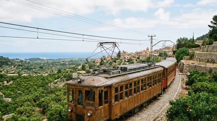Illustration of an old wooden electric train above orange groves on Mallorca