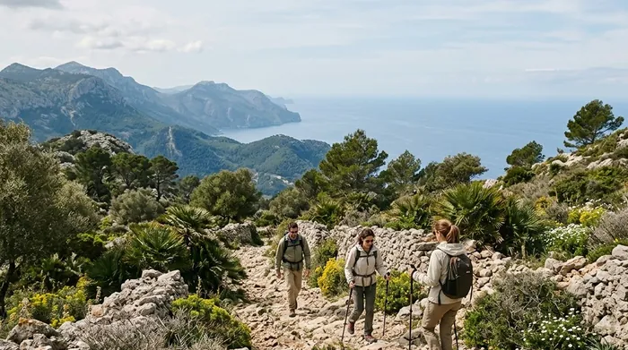 Illustration of walkers on a mountain path in the Serra de Tramuntana