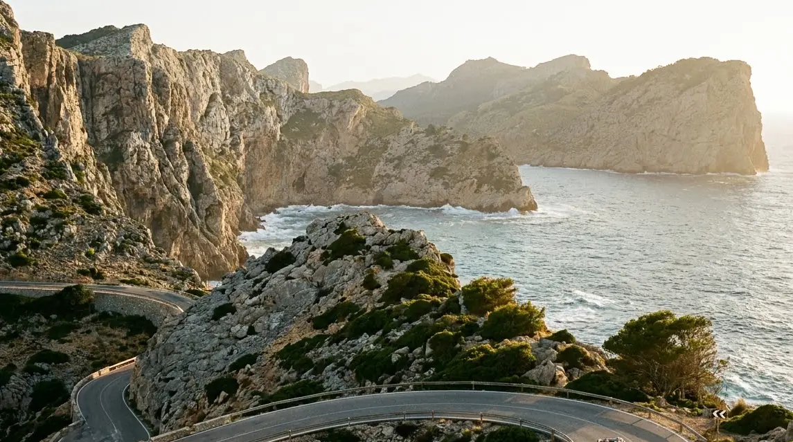 Illustration of a winding coastal mountain road on Mallorca